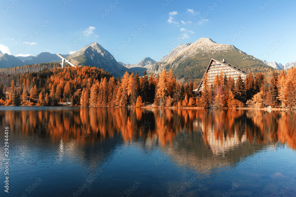 Fototapeta premium Mountain lake Strbske pleso (Strbske lake) in autumn time. High Tatras national park, Slovakia