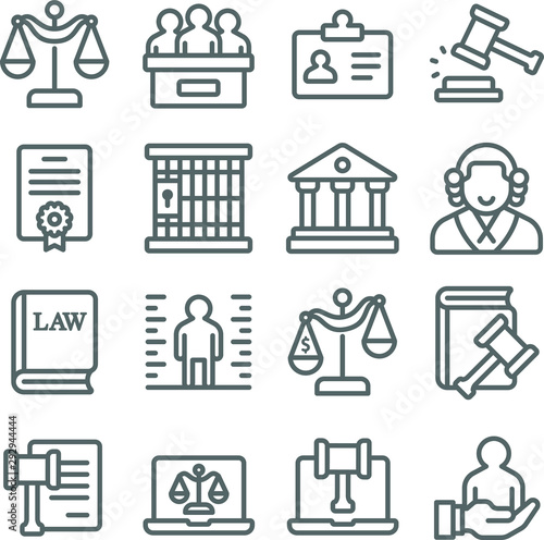 Law and justice icons set vector illustration. Contains such icon as  Attorney, Criminals, Cyber Law, Criminal and more. Expanded stroke