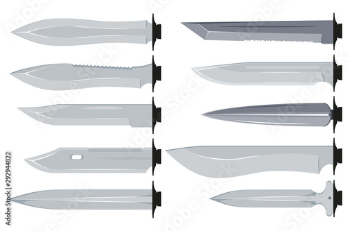 Types of Military Knives. Typical Hunter Knives. Blade Types. American Tanto. Steel Arms. Vector graphics to design.