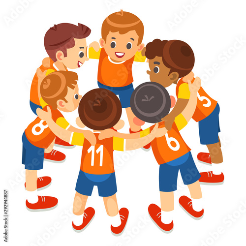Young boys sports team on stadium. Football players in sportswear motivating before the match. Youth soccer tournament game for kids. Isolated vector illustration