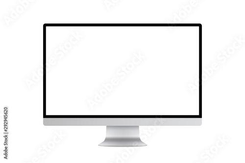 Modern design of realistic monitor screen mockup. Trendy thin frame display in silver metal body vector illustration.