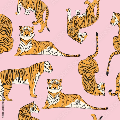 Hand drawn tiger seamless pattern, big cats in different position, orange tigers on pink, exotic background, flat vector illustration