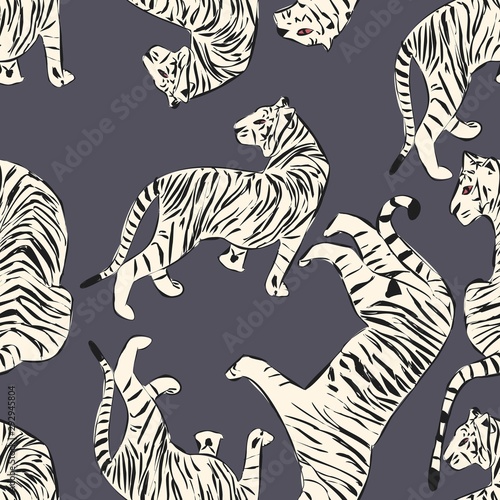 Hand drawn tiger seamless pattern  big cats in different position  white tigers on dark exotic background  flat vector illustration