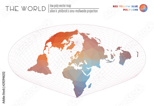 Triangular mesh of the world. Allen K. Philbrick s Sinu-Mollweide projection of the world. Red Yellow Blue colored polygons. Stylish vector illustration.