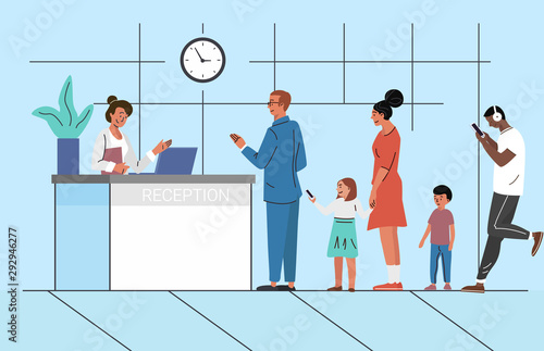 People waiting in queue flat vector illustration. Bank reception. Clients, customers waiting for consultation with manager concept. Women and men with kids standing in line cartoon characters