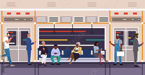 People in subway train flat vector characters. Women and men inside public metro. African american and caucasian passengers in city transport. Underground railway train interior cartoon illustration