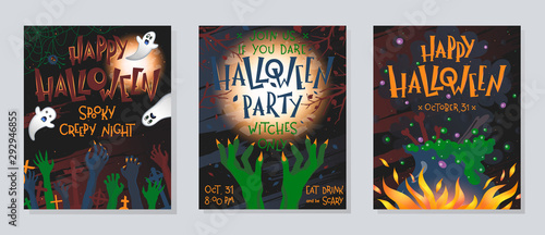 Set of Halloween posters with zombie hands,full moon,witch cauldron and spider web.Halloween design perfect for prints,flyers,banners invitations,greetings.Vector Halloween illustrations.