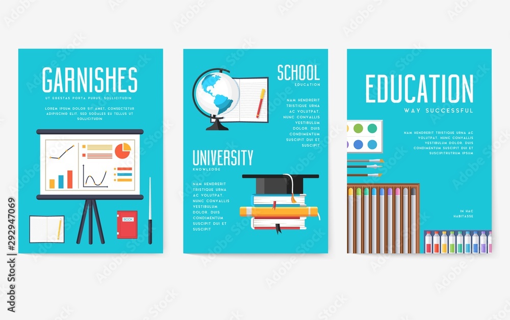 Back to school information cards set. Student template of flyear, magazines, posters, book cover, banners. College education infographic concept background. Layout illustrations modern pages