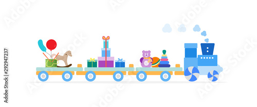 Train carries toys. Gifts for holidays to children