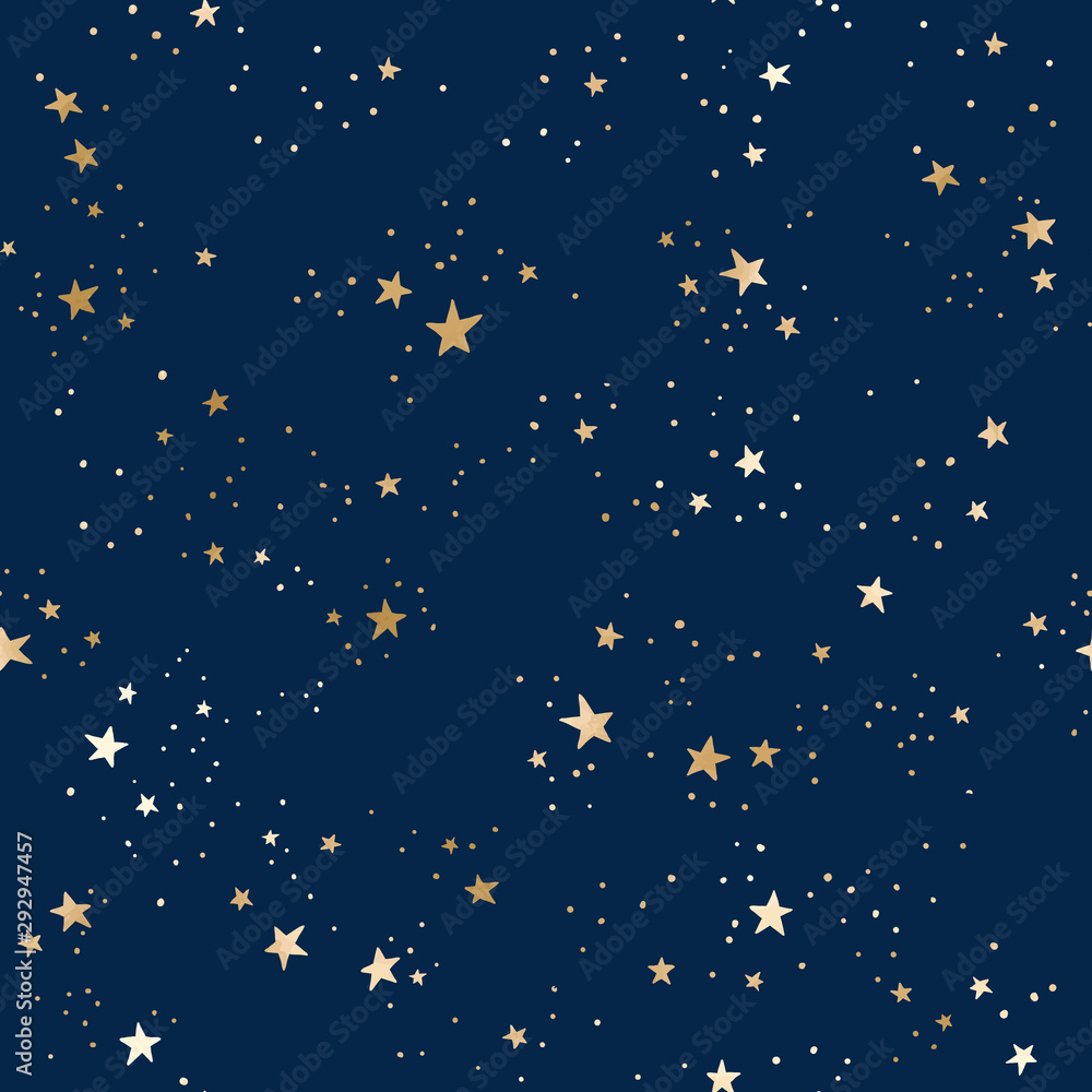 Seamless blue space pattern with gold constellations and stars