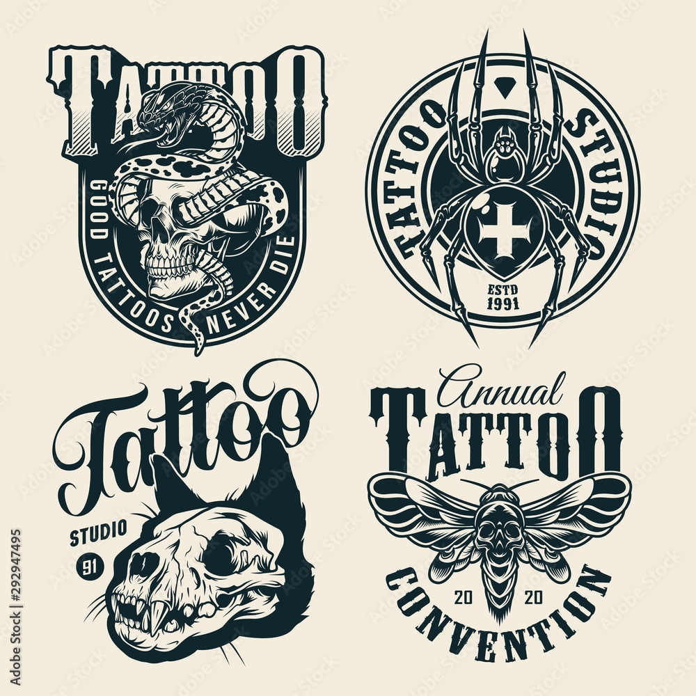 Fototapeta premium Vintage monochrome tattoo studio labels