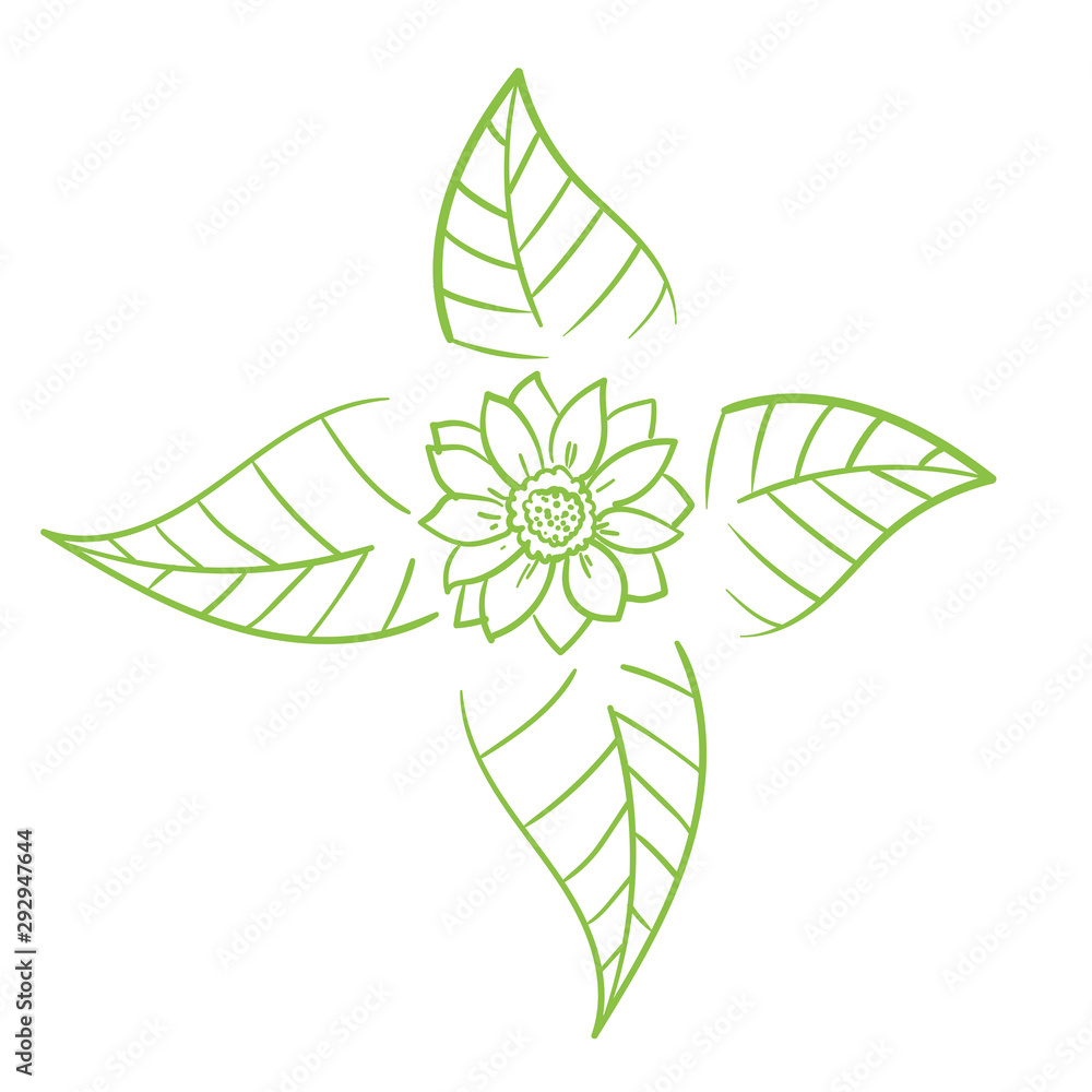 Flowers hand drawn line art doodle style with green leaves.