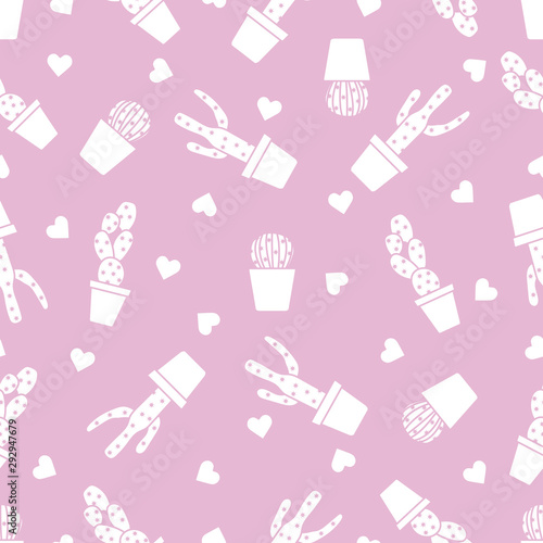 Seamless pattern with cactus, succulents, hearts.
