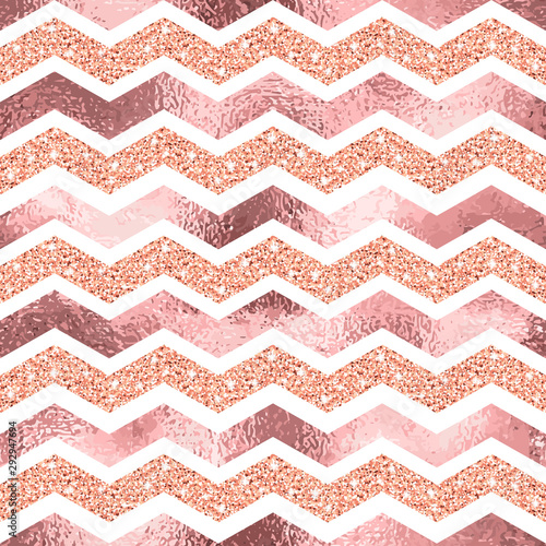 Vector seamless geometric zigzag pattern with glitter and rose gold lines on white background