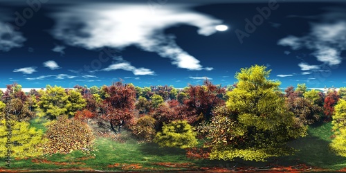 Panorama of the autumn park. Autumn trees in the fog.