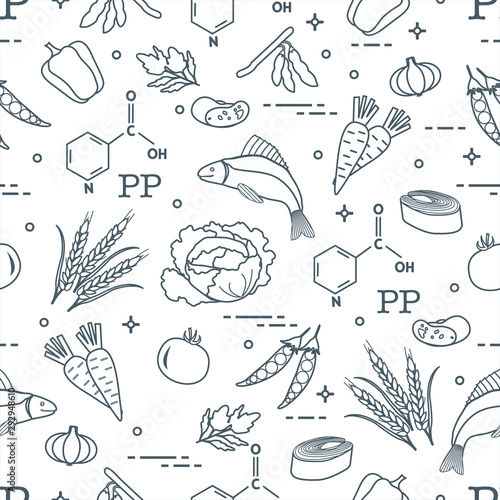 Seamless pattern with foods rich in vitamin PP.