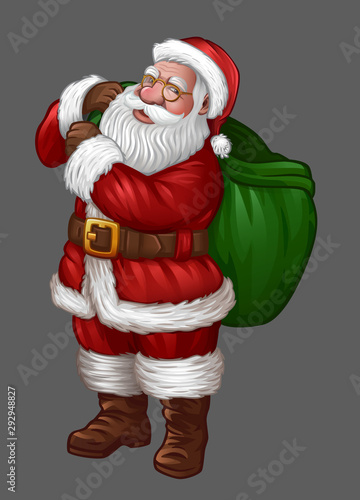 Santa with empty green gift bag. Vector illustration