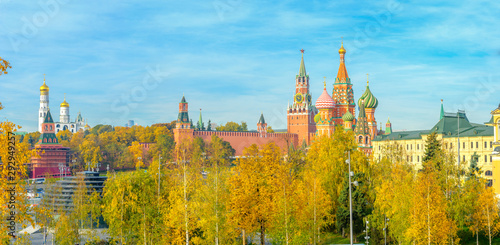 Panorama of the Moscow Kremlin and the Church of St. Basil on a sunny autumn day. The most popular attraction of Moscow. Russia