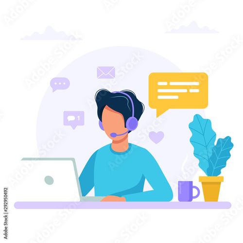 Contact us. Man with headphones and microphone with computer. Concept illustration for support, assistance, call center. Vector illustration in flat style