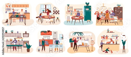 Set of smiling men, women and children preparing
