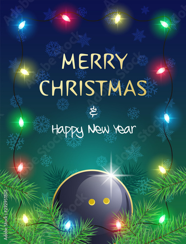 Merry Christmas and Happy New Year. Sports greeting card with Squash ball and Christmas Lights. Vector illustration.