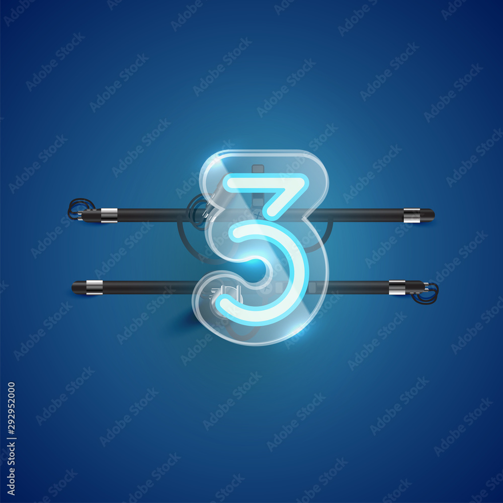 Realistic neon '3' character with plastic case around, vector illustration Realistic neon '3' character with plastic case around, vector illustration