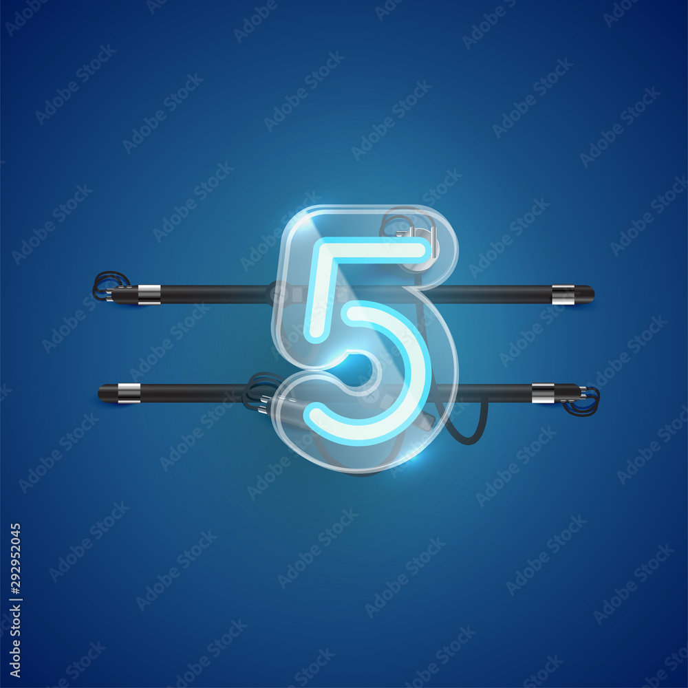 Realistic neon '5' character with plastic case around, vector illustration Realistic neon '5' character with plastic case around, vector illustration
