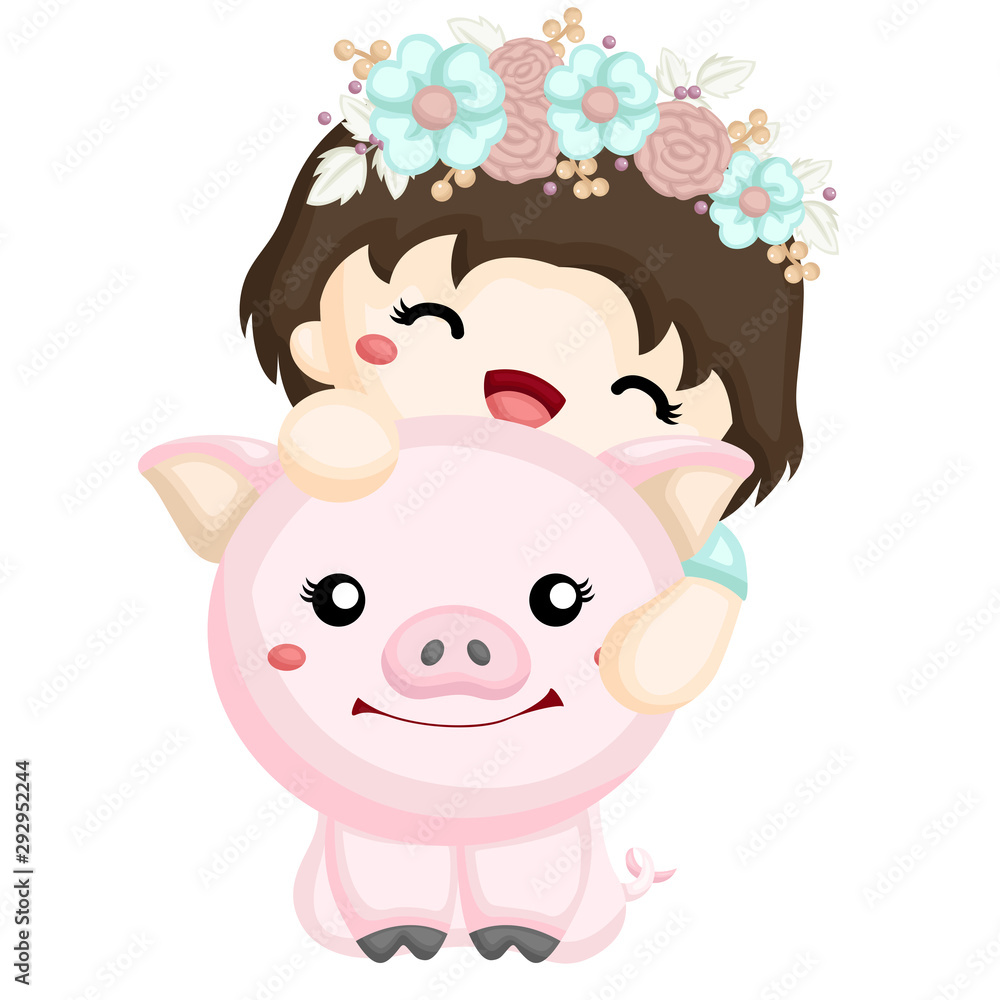 happy baby girl and the pig