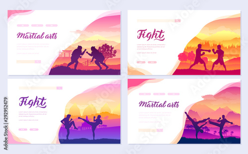 Representatives of traditional fighters from all over the world brochure cards set. Fighting style battle nature template of flyear, web banner, ui header, enter site. Layout modern slider page