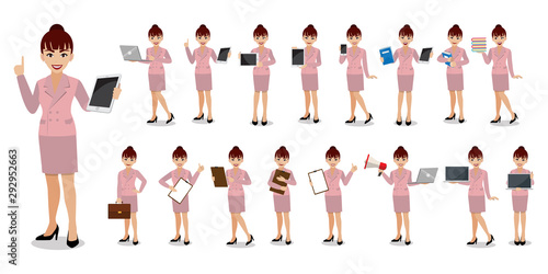Businesswoman cartoon character set. Beautiful business woman in office style smart suit. Vector illustration