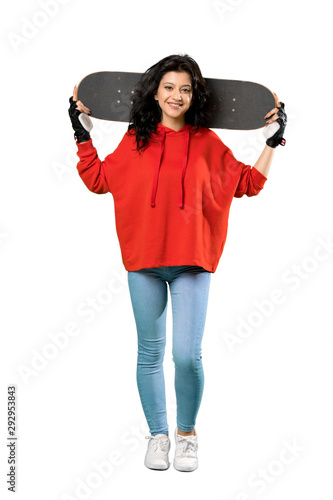 Young skater woman with red sweatshirt