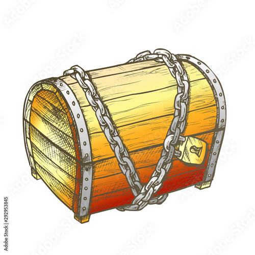 Treasure Chest With Padlock Color Vector. Medieval Close Wooden Chest Protected By Metal Chain. Jewelry Box Engraving Mockup Designed In Vintage Style Illustration