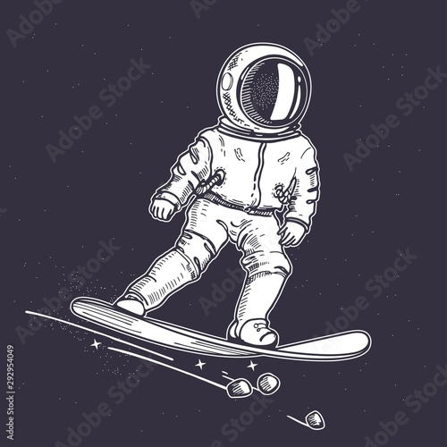 Astronaut rides on a snowboard. Illustration on the theme of astronomy.