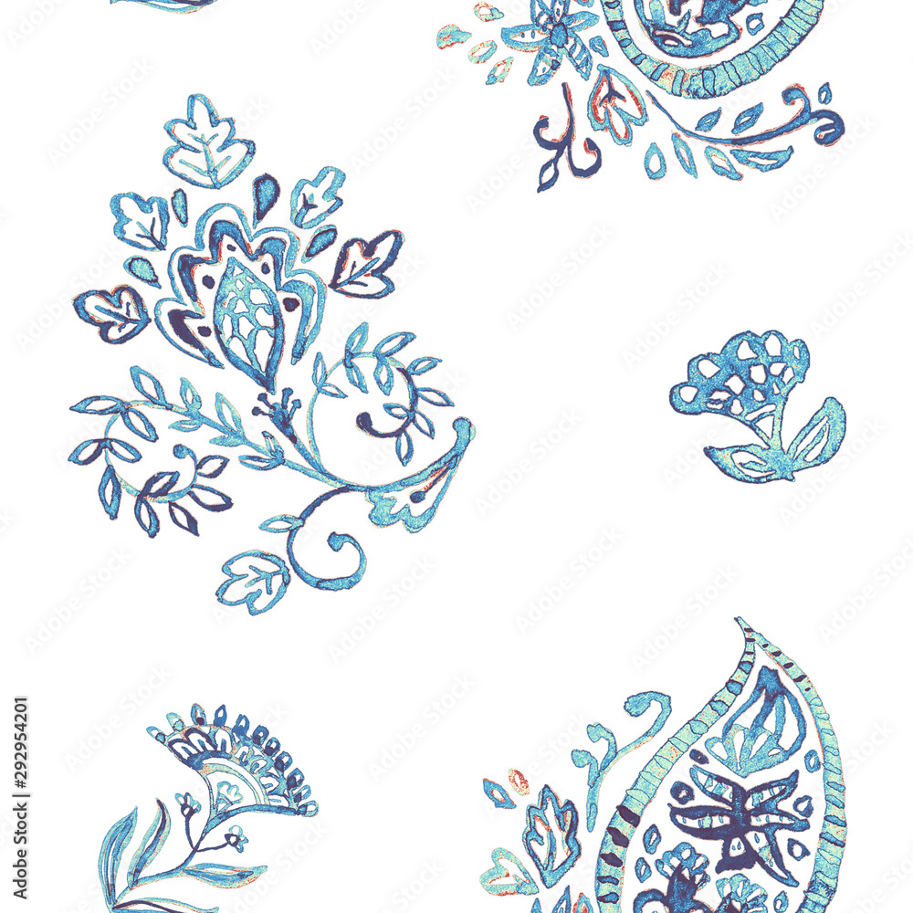 Fototapeta premium Paisley watercolor floral pattern tile: flowers, flores, tulips, leaves. Oriental indian traditional hand painted water color whimsical seamless print, ceramic design. Abstract india batik background