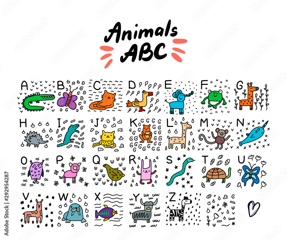 Animals abc alphabet hand drawn vector illustration in cartoon style set alligator cat jaguar turtle fish lama frog snake butterfly