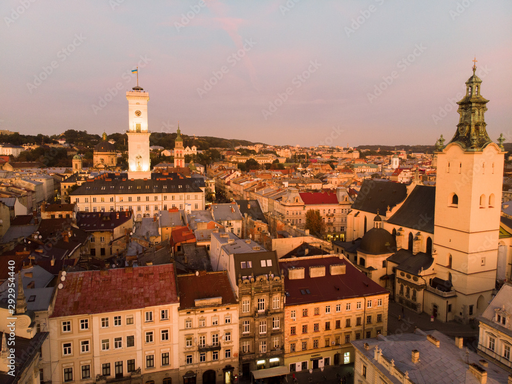 aerial view of old historical european city sunset time