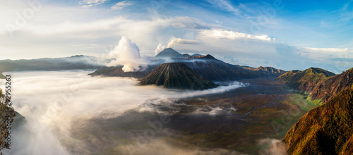 Panoramic view of Mount Bromo at sunrise, East Java, Indonesia.