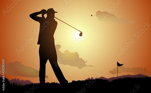 Silhouette of man playing golf at sunset. © vchalup