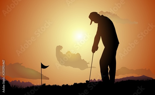 Silhouette of man playing golf at sunset.