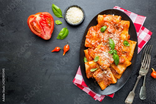 Pasta paccheri with tomato sauce and basil in a plate, top view photo