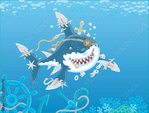 Perfidiously smiling great white shark pirate with fins sabers attacking in blue water of a tropical sea near a coral reef with wreckage of an old sail ship, vector illustration in a cartoon style