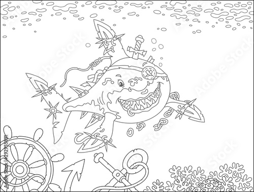 Perfidiously smiling great white shark pirate with fins sabers attacking in a tropical sea near a coral reef with wreckage of an old sail ship, black and white vector illustration in a cartoon style f
