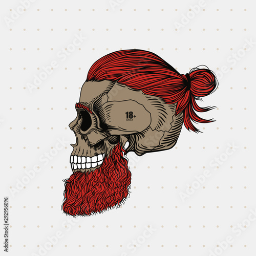 Bearded skull with ginger hair in a bun and tattoo. Stylish men's hairstyle and beard. Picture for halloween, barbershop and clothes.