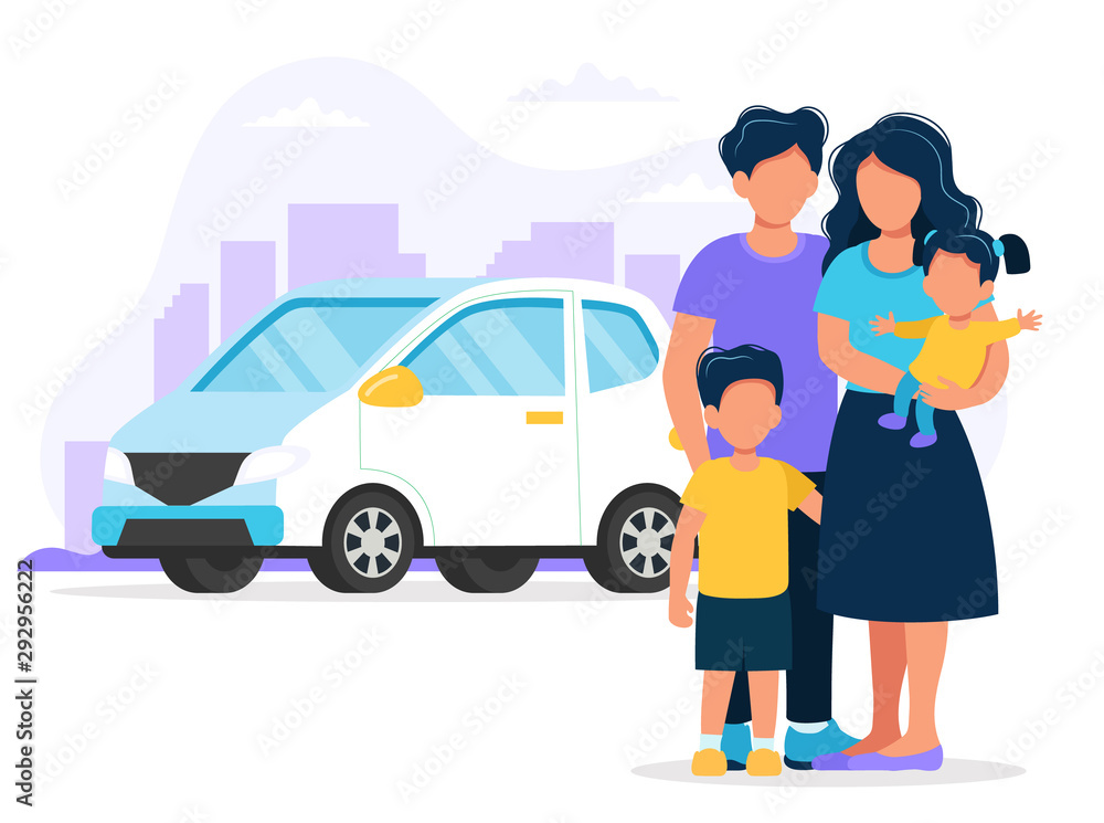 Happy family with car and city background. Concept illustration for buying car or travelling. Vector illustration in flat style Happy family with car and city background. Concept illustration for buying car or travelling. Vector illustration in flat style
