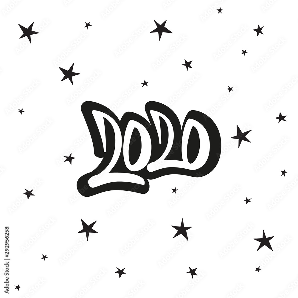 Greeting card design template with star and calligraphy for 2020 happy new year. Black number 2020 hand drawn lettering. Greeting card design template with star and calligraphy for 2020 happy new year. Black number 2020 hand drawn lettering.