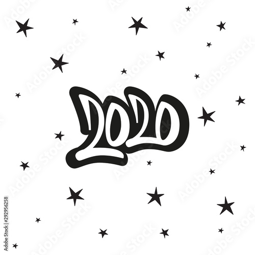 Greeting card design template with star and calligraphy for 2020 happy new year. Black number 2020 hand drawn lettering.