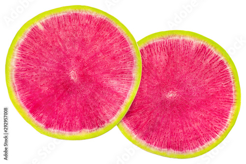 Two big Sliced ​​watermelon radish on a white isolated background