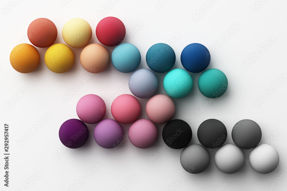 Set of colorful red,purple,blue,grey realistic spheres with fabric texture on white background. 3d rendering