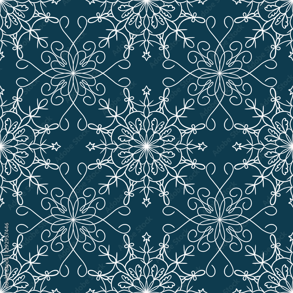Tender winter seamless pattern with graphic snowflakes in blue and white colors Tender winter seamless pattern with graphic snowflakes in blue and white colors