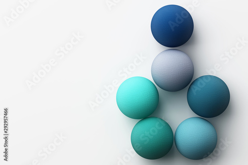 Set of colorful blue realistic spheres with fabric texture on white background. 3d rendering